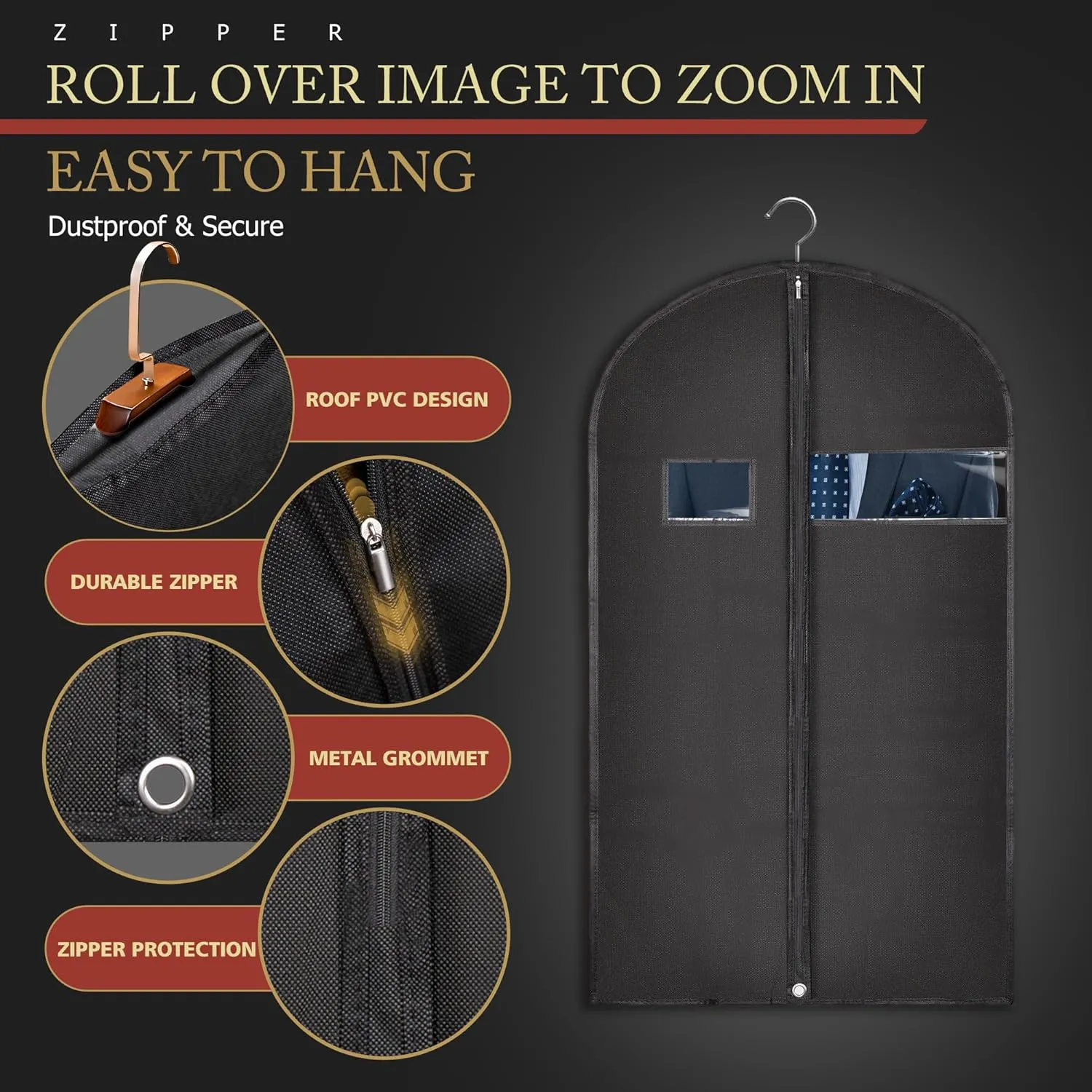 10 Pack 40-inch Garment Bags for Travel, Garment Bags for Hanging Clothes with Zipper and Visible Transparent Window，Black