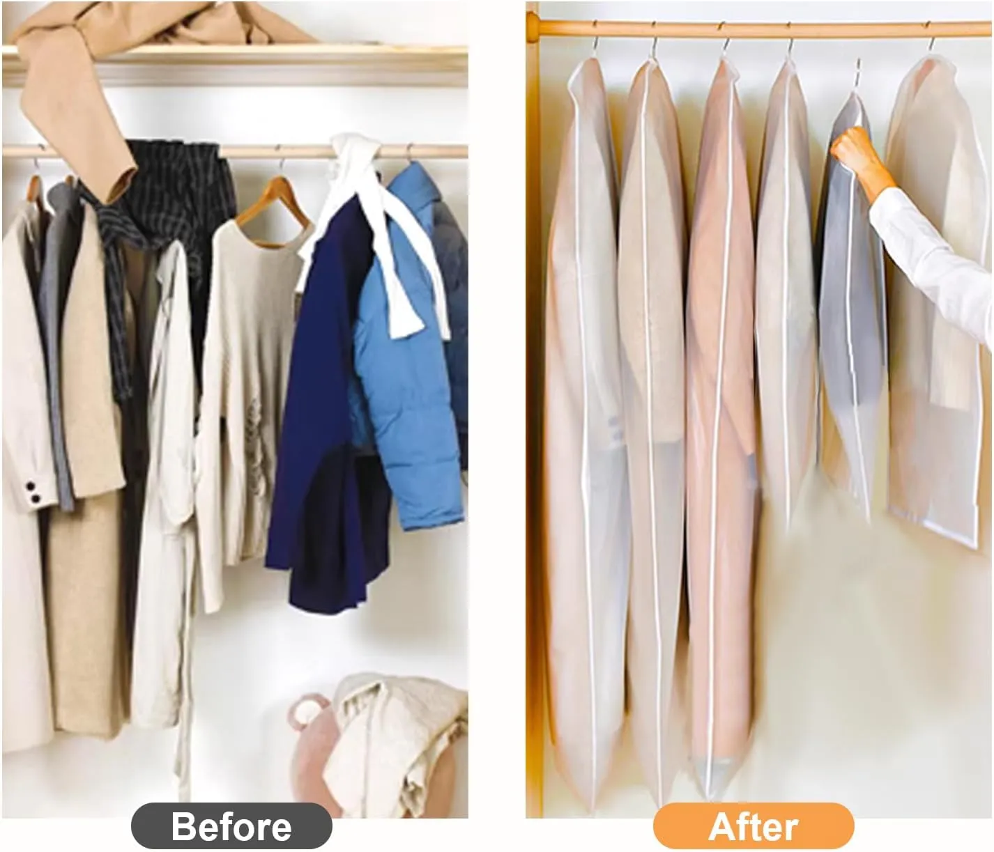 10 Packs Combo Size Garments Bags, Clear Dress Bags for Closet Storage, Suit Cover Protecting Dusts with Zipper, Hanging Clothes Cover Dress Bags for Suits, Coats - 24"x40"/60"