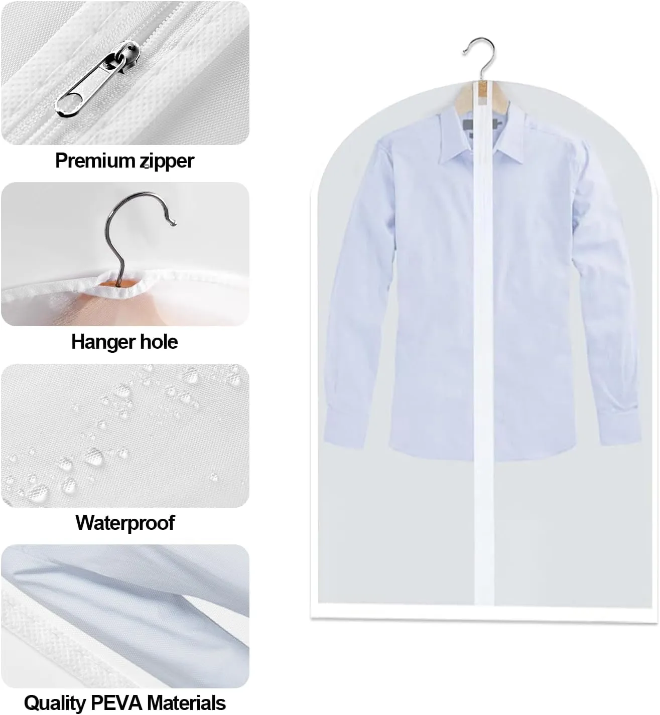 10 Packs Combo Size Garments Bags, Clear Dress Bags for Closet Storage, Suit Cover Protecting Dusts with Zipper, Hanging Clothes Cover Dress Bags for Suits, Coats - 24"x40"/60"