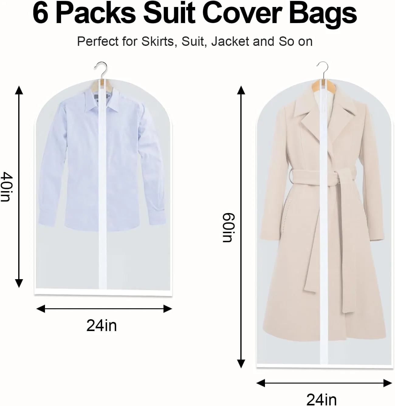10 Packs Combo Size Garments Bags, Clear Dress Bags for Closet Storage, Suit Cover Protecting Dusts with Zipper, Hanging Clothes Cover Dress Bags for Suits, Coats - 24"x40"/60"