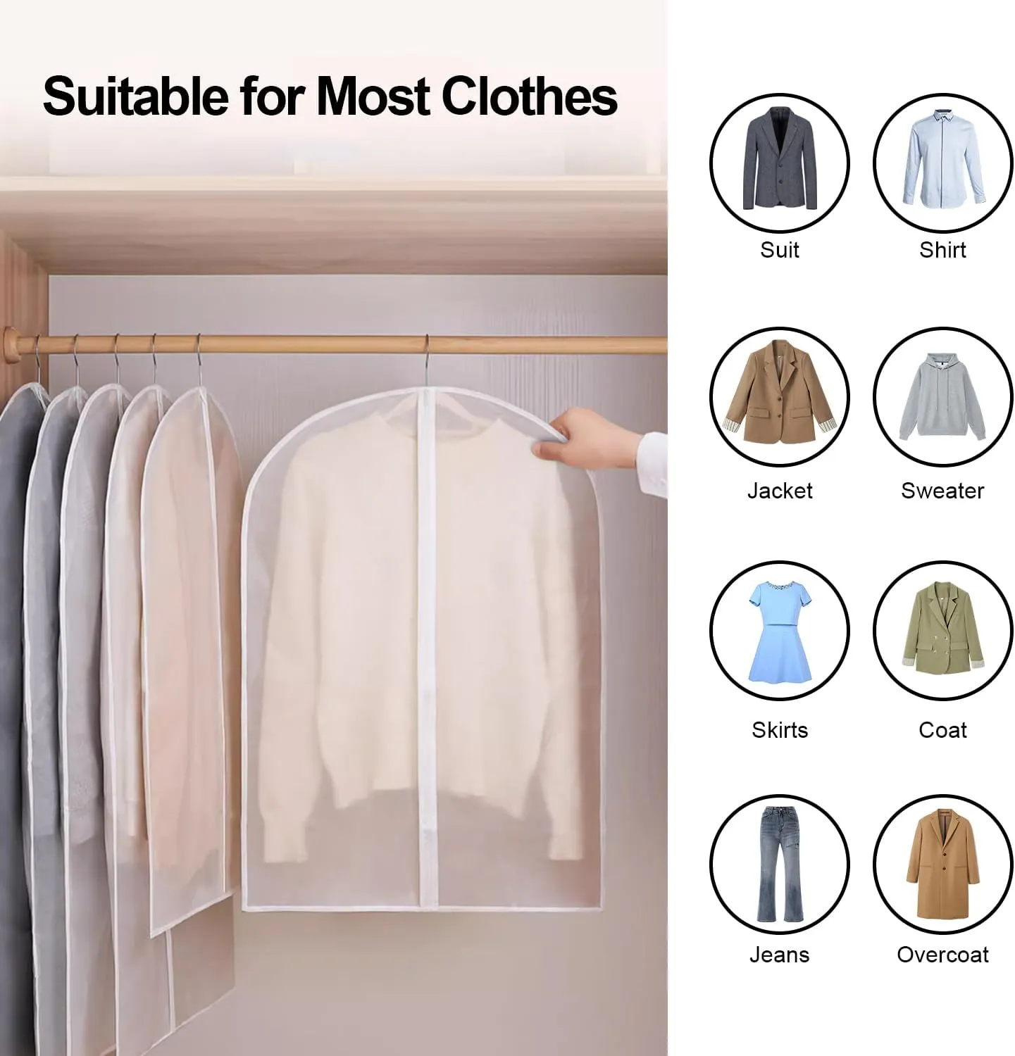 10 Packs Combo Size Garments Bags, Clear Dress Bags for Closet Storage, Suit Cover Protecting Dusts with Zipper, Hanging Clothes Cover Dress Bags for Suits, Coats - 24"x40"/60"