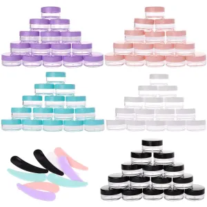 100 Count 10g Small Sample Containers with Lids and 10 Pcs Mask Spatula, Refillable Cosmetic Jars Plastic Makeup Containers Lip Scrub Containers for Beauty Products - Multi Color