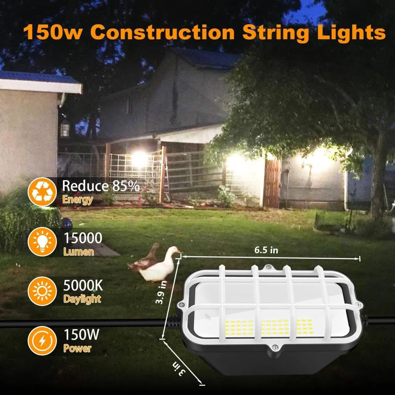 100ft LED Construction String Lights, 150W 15000LM Waterproof IP67 Led String Work Lights, Construction Temporary Lights (100ft-10 Light).