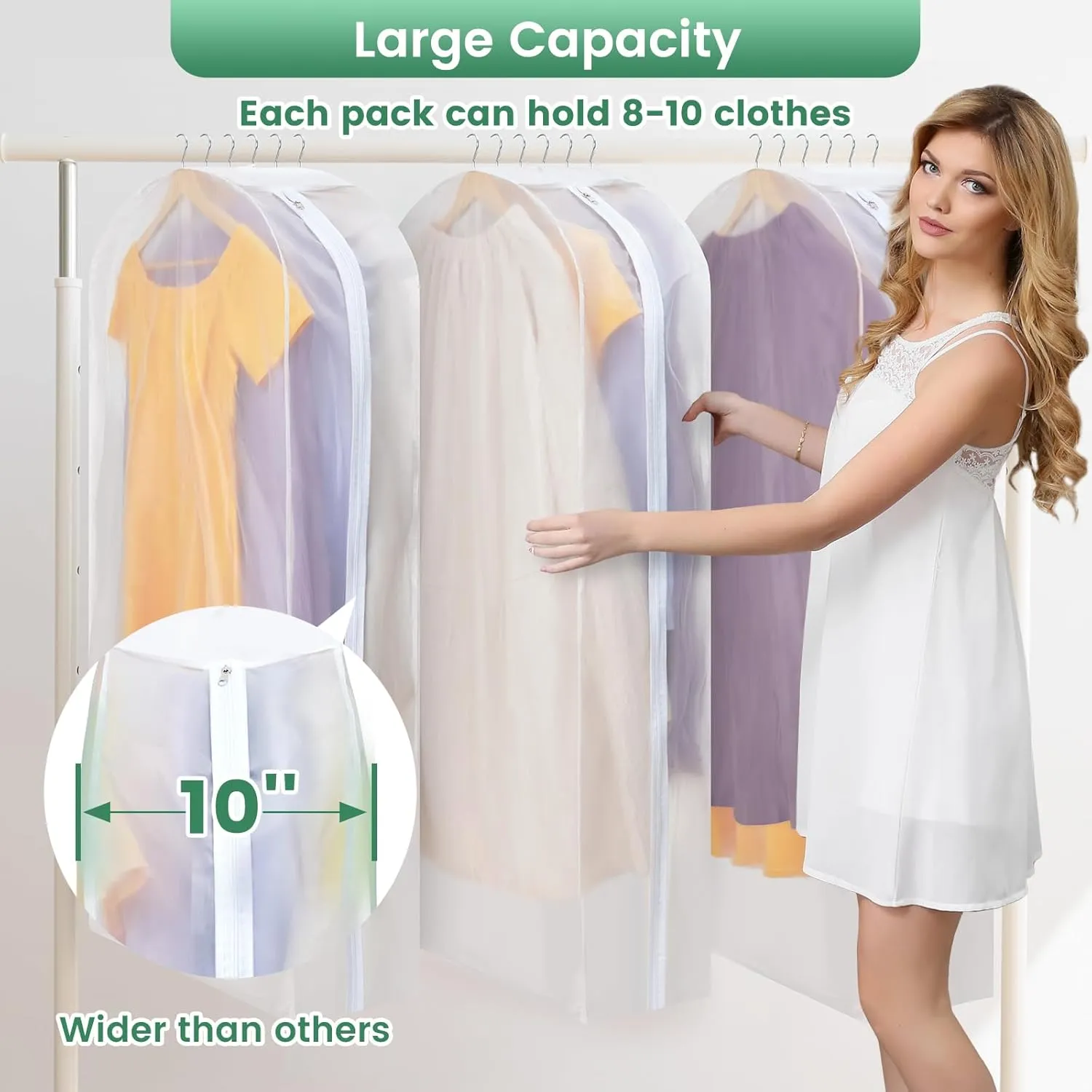 10" Gusseted Garment Bags for Hanging Clothes - 3 Packs Translucent Dress Bag for Closet Wardrobe Storage Travel - 51 inch