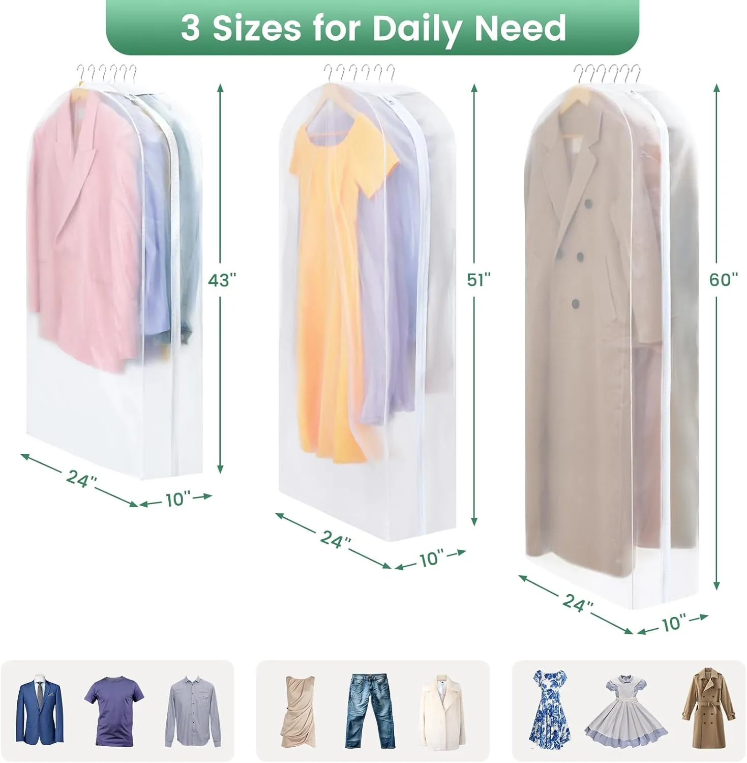 10" Gusseted Garment Bags for Hanging Clothes - 3 Packs Translucent Dress Bag for Closet Wardrobe Storage Travel - 51 inch