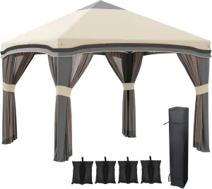 10'X 10'Pop Up Canopy Tent with Netting,Instant Tents for Parties,Height Adjustable with Wheeled Carry Bag and 4 Sand Bags for Outdoor,Garden,Patio,Beige