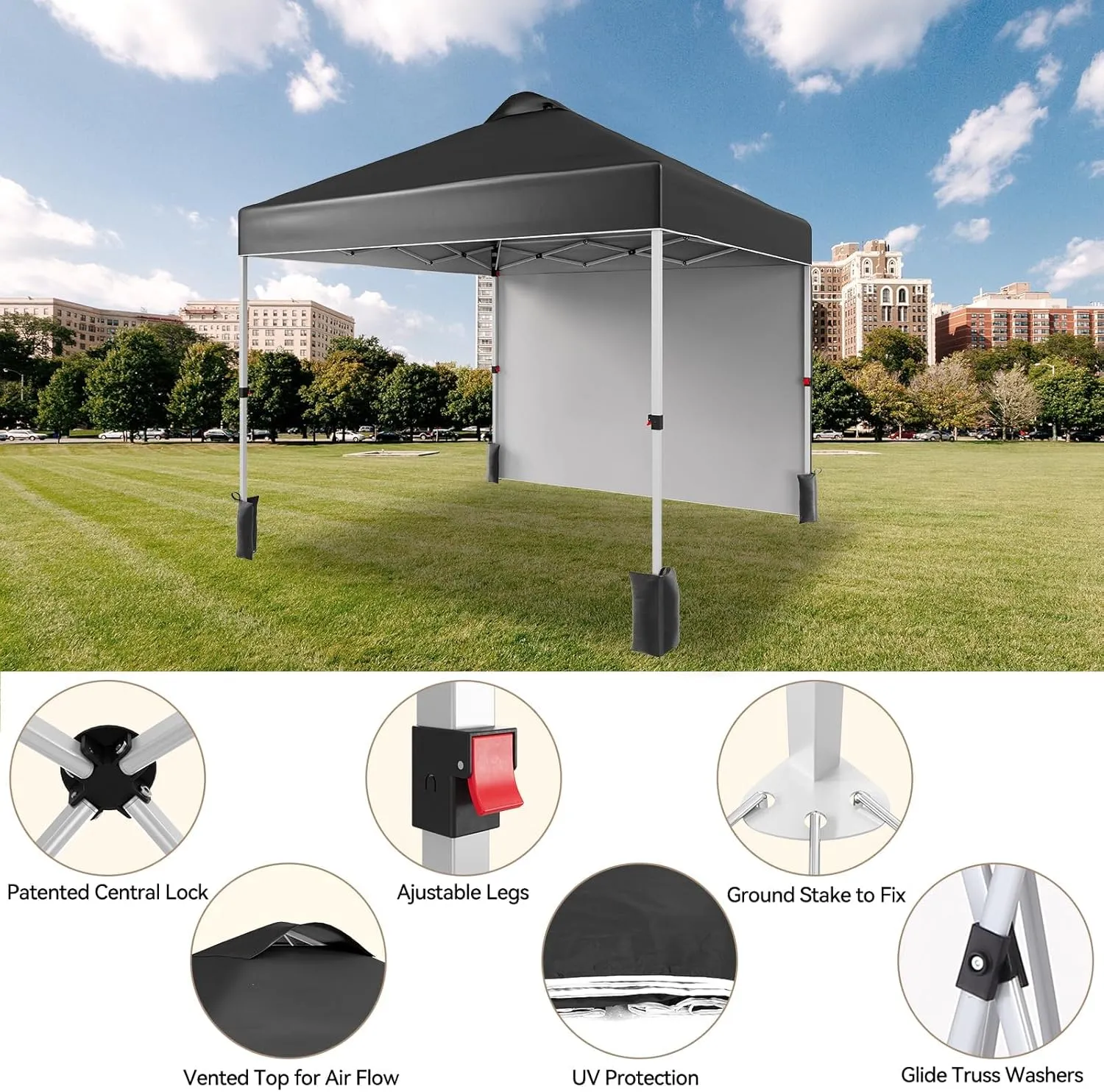 10x10 Pop Up Canopy Tent with Sidewall – Portable Instant Canopy Includes 4 Stakes, 4 Ropes, 4 Weight Bags & Wheeled Carry Bag for Outdoor Events
