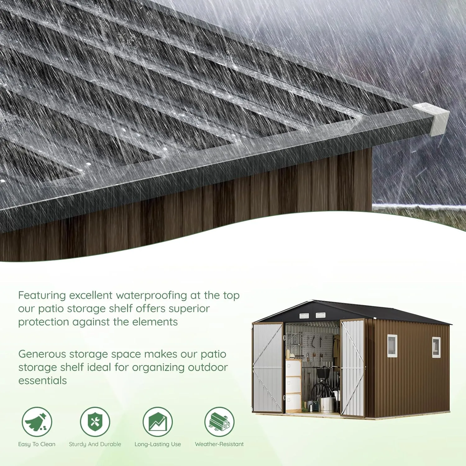 10X10X7.5 FT Outdoor Steel Storage Shed with Lockable Doors, 2 Windows, Frame Floor (No Wood/Other Boards), Ideal for Garden, Backyard, Patio Storage,Brown