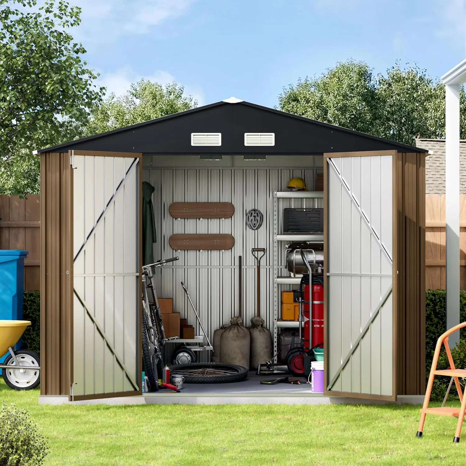 10X10X7.5 FT Outdoor Steel Storage Shed with Lockable Doors, 2 Windows, Frame Floor (No Wood/Other Boards), Ideal for Garden, Backyard, Patio Storage,Brown