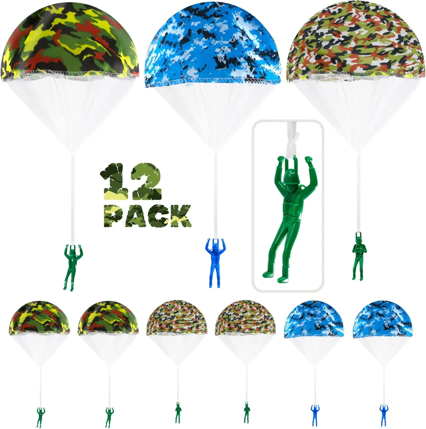12 Pcs Camo Parachute Toy, Tangle Free Throwing Hand Throw Flying Toys, No Battery nor Assembly Required, Plastic Green Army Men Soldiers Action Figures Outdoor Games for Kids, Fun Party Favors (Camo)