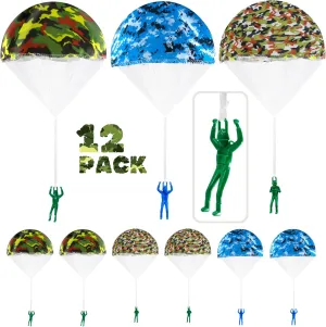 12 Pcs Camo Parachute Toy, Tangle Free Throwing Hand Throw Flying Toys, No Battery nor Assembly Required, Plastic Green Army Men Soldiers Action Figures Outdoor Games for Kids, Fun Party Favors (Camo)