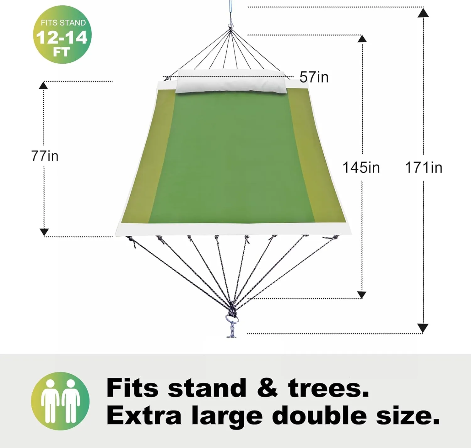 14ft Two Person Outdoor Hammock, Portable Camping with Folding Steel Spreader Bar, Carrying Bag, Carabiners, Tree Straps, Pillows, Quick Dry Textilene Fabric, 550 lbs Capacity (Jungle Green)