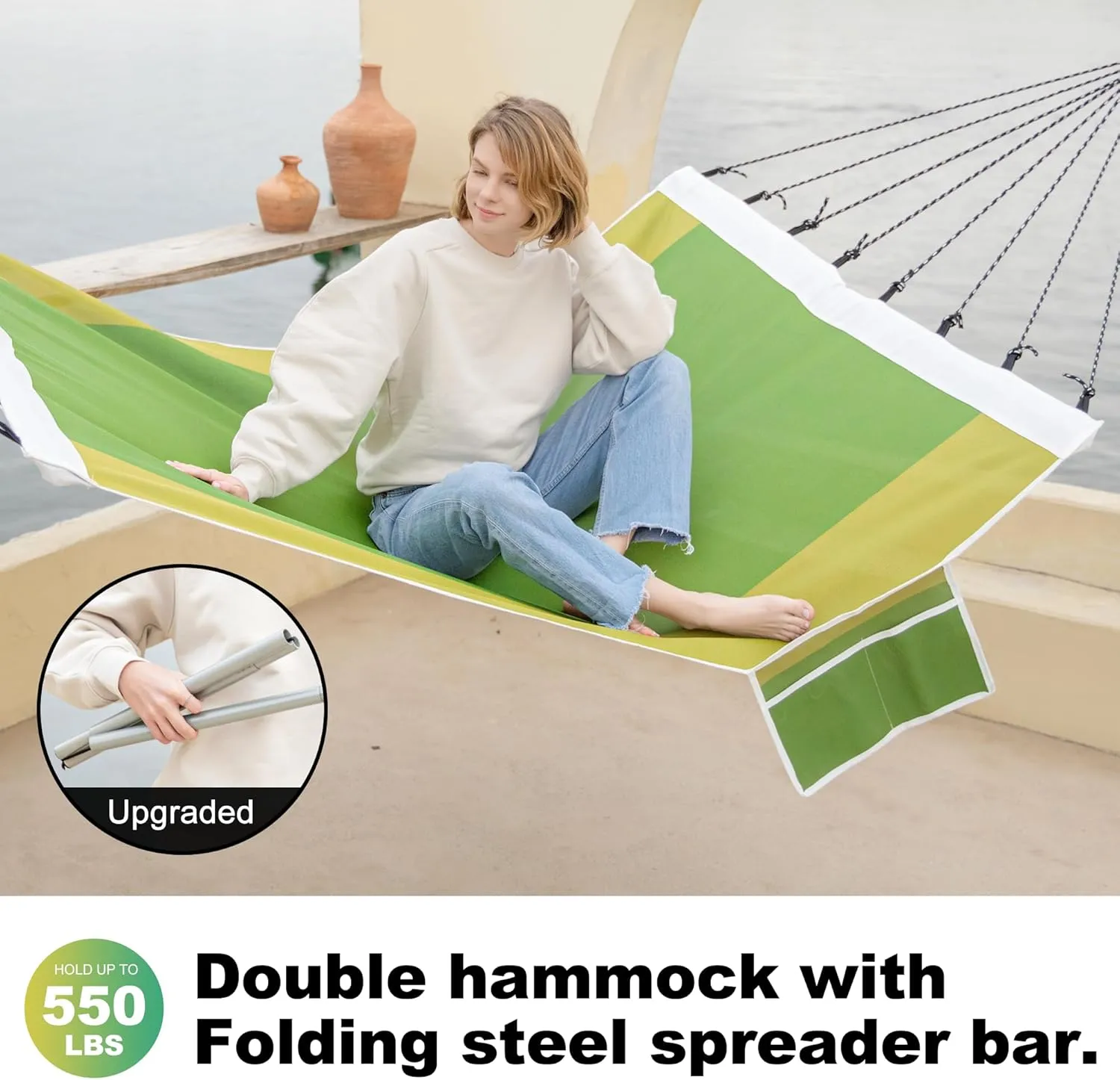 14ft Two Person Outdoor Hammock, Portable Camping with Folding Steel Spreader Bar, Carrying Bag, Carabiners, Tree Straps, Pillows, Quick Dry Textilene Fabric, 550 lbs Capacity (Jungle Green)