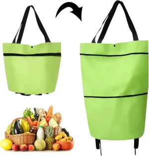 2 in 1 Foldable Shopping Cart, Collapsible Two-Stage Zipper Grocery Cart with Wheels, Multifunction Telescopic Storage Bag for Traveling, Green