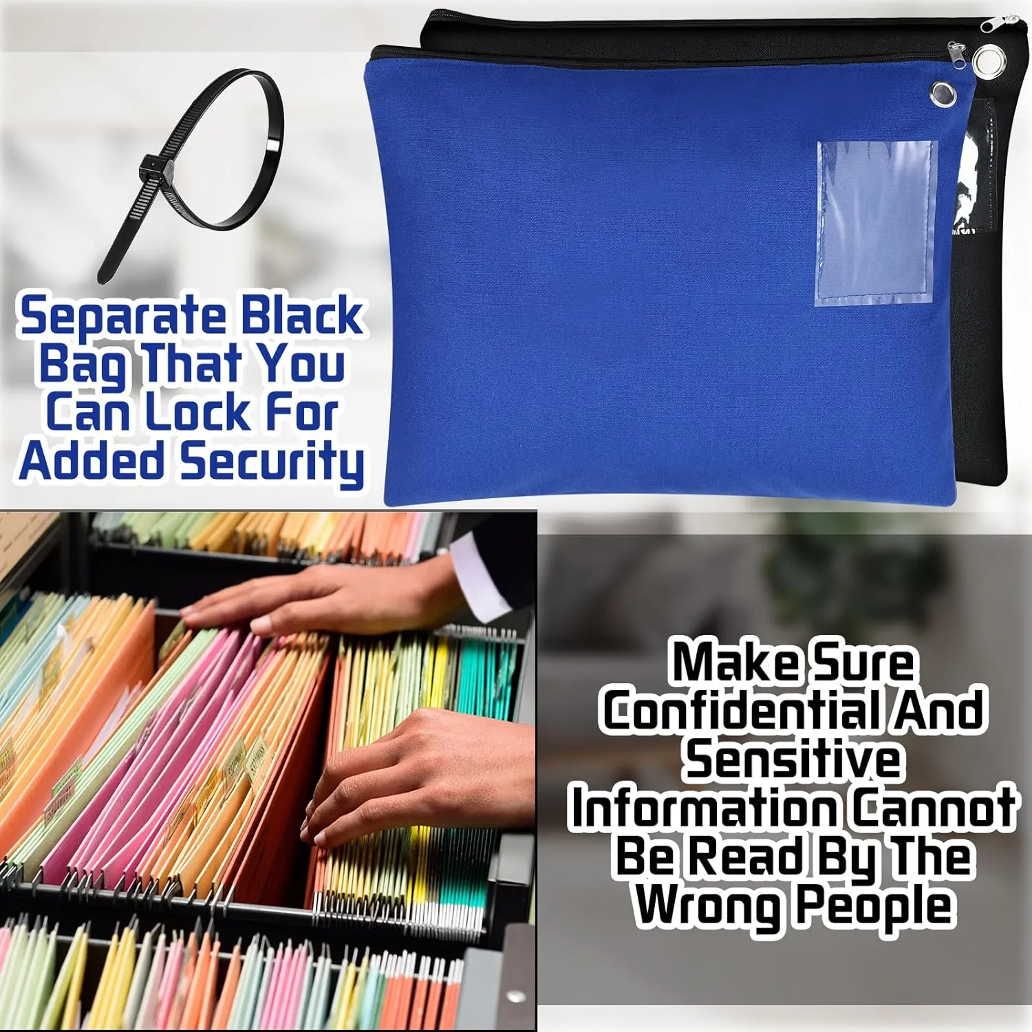 2 Pcs Interoffice Mailer Canvas Transit Sack Zipper Bag 18" x 14" Large Zipper Pouch with Grommet Interoffice Mail Bag (Black,Blue)