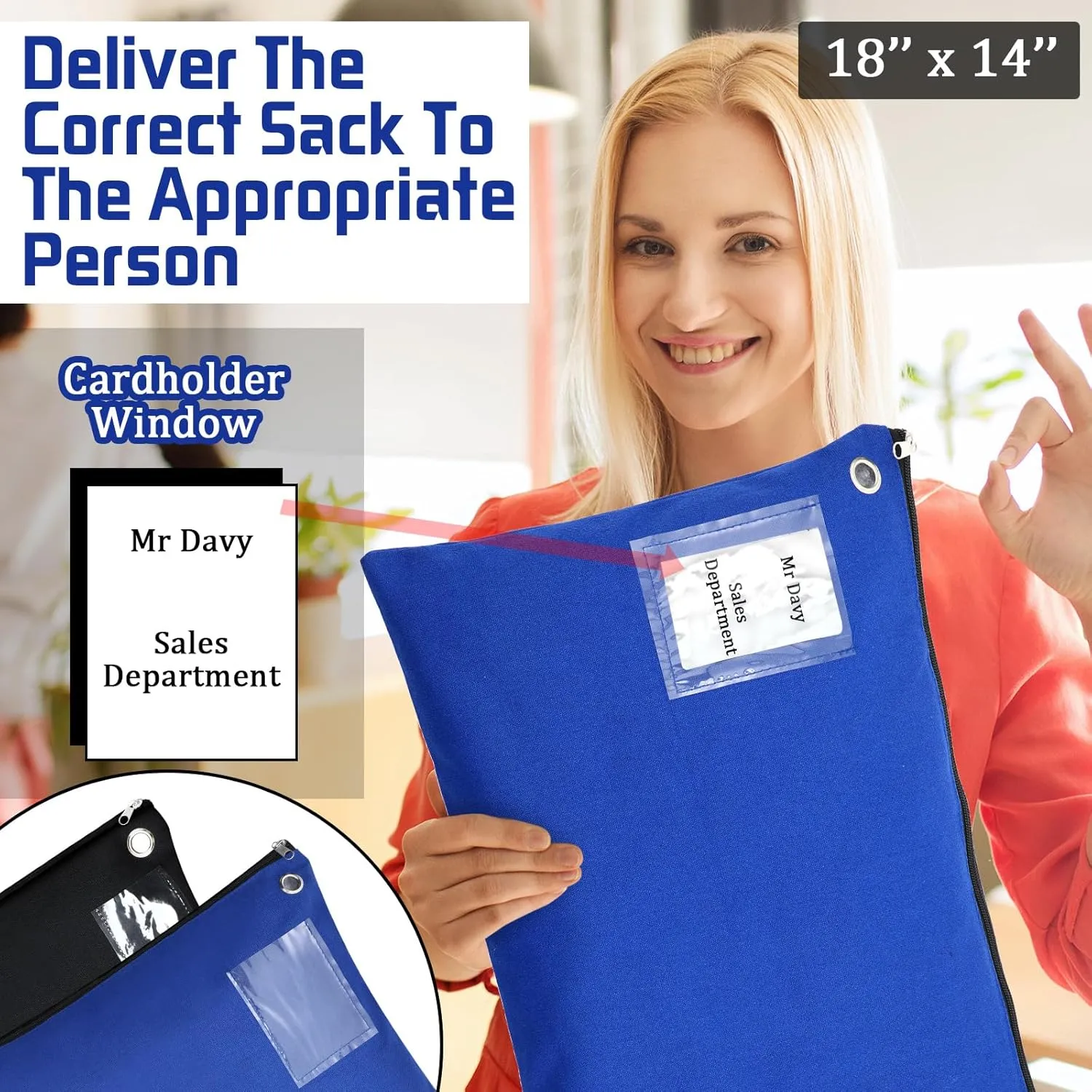 2 Pcs Interoffice Mailer Canvas Transit Sack Zipper Bag 18" x 14" Large Zipper Pouch with Grommet Interoffice Mail Bag (Black,Blue)
