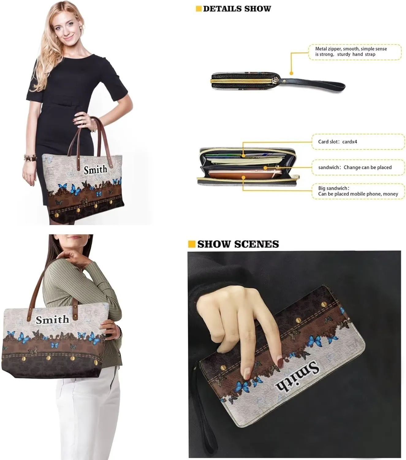 2 Pcs Purse and Wallet Set for Women Zipper Large Tote Bag Top Handle Purse with Leather Clutch