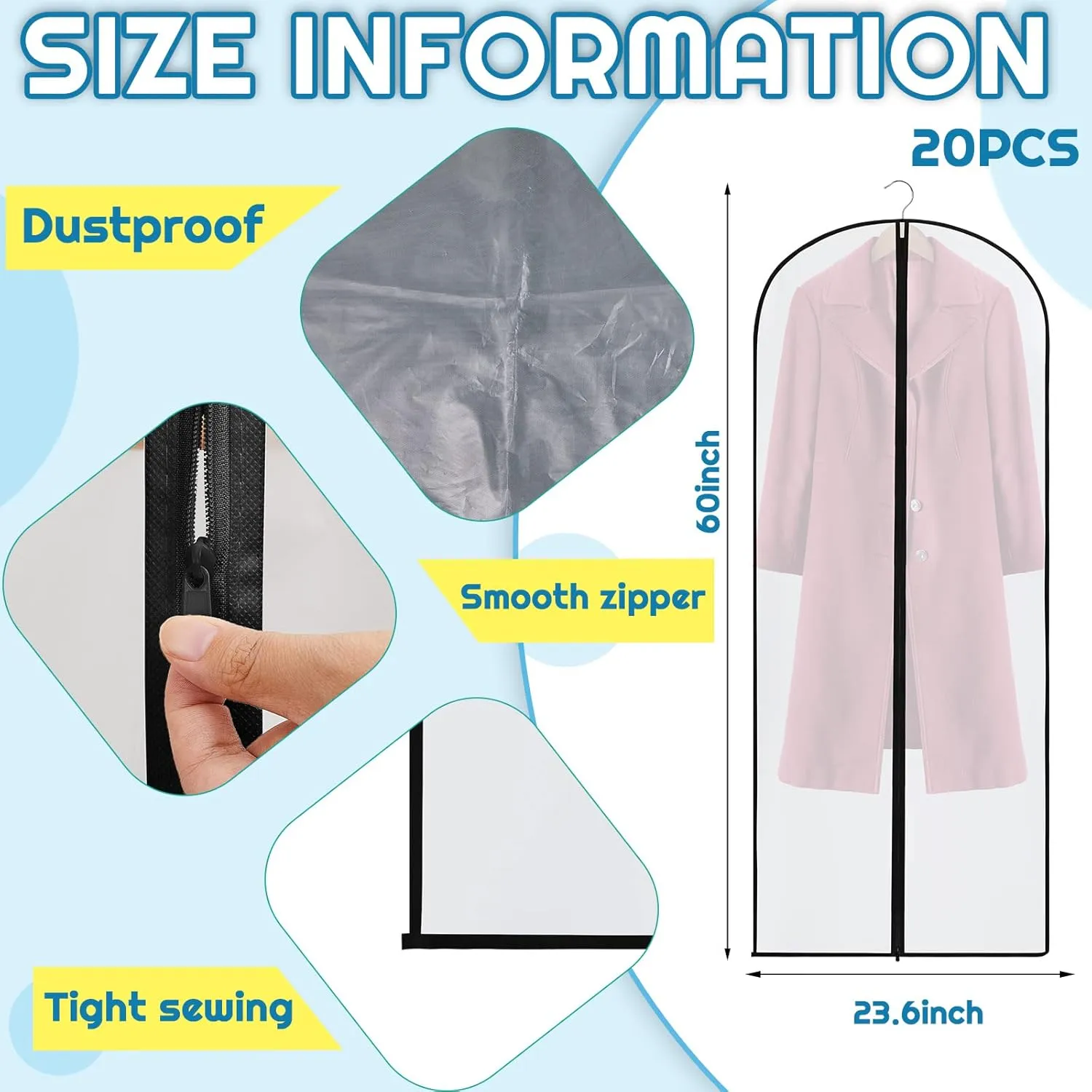 20 Pcs 72/60inch Bulk Garment Bags for Hanging Clothes Travel Garment Bag Suit Protector Cover Dress Bags Storage Bags for Clothes Long Dress Suit Coat Costumes Uniforms(24 x 60 Inch)