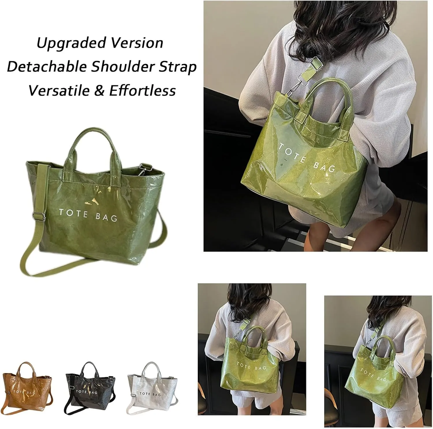 2025 Upgraded PVC Tote Bag for Women with Detachable Crossbody Strap, Letters Print Large Clear Designer Hobo Handbag