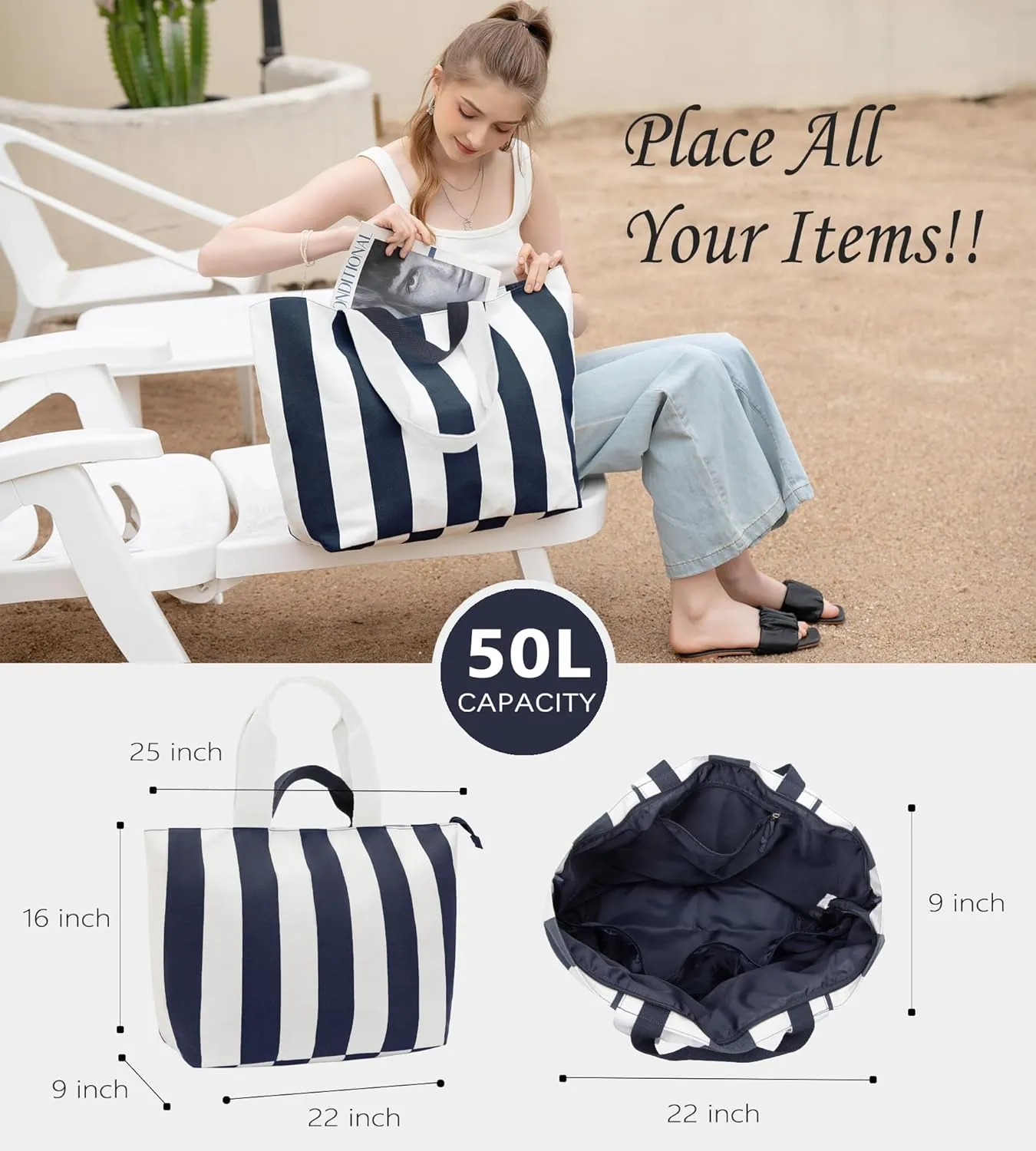 22'' 50L Large Beach Bag, Extra Large Tote Bag for Women, Oversized Tote Bag, Overnight Bags for Travel Blue White