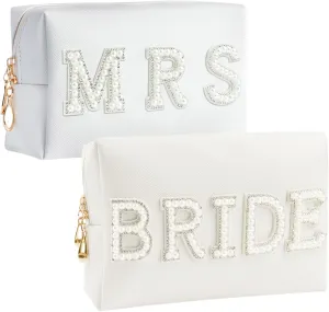 2PCS Bride to be Patch Letter Makeup Bag Bridal Shower Gifts for Engagement Wedding Bachelorette Bridesmaid Gifts for Bride Mrs Pearl Rhinestone Travel Bag White PU Leather Make Up Bag Pouch for Purse