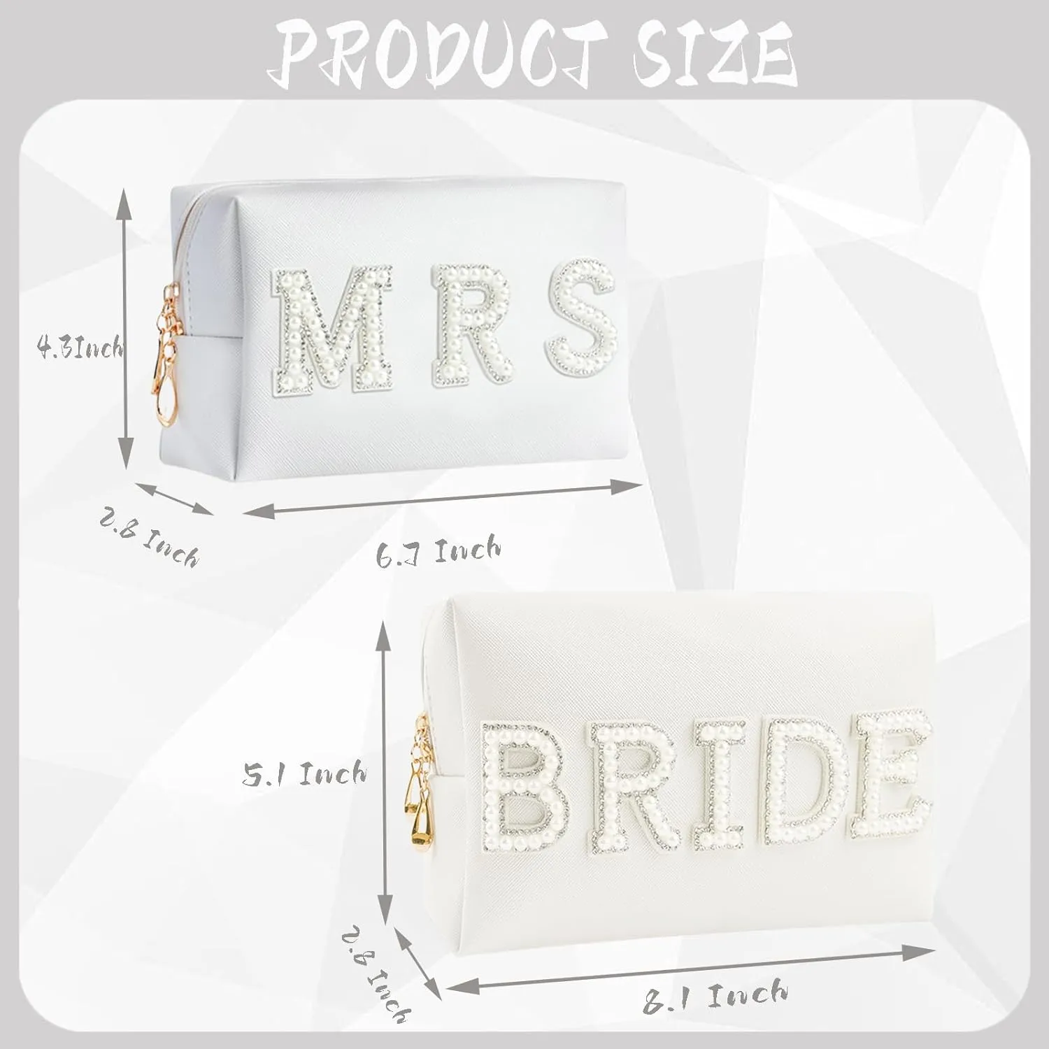 2PCS Bride to be Patch Letter Makeup Bag Bridal Shower Gifts for Engagement Wedding Bachelorette Bridesmaid Gifts for Bride Mrs Pearl Rhinestone Travel Bag White PU Leather Make Up Bag Pouch for Purse