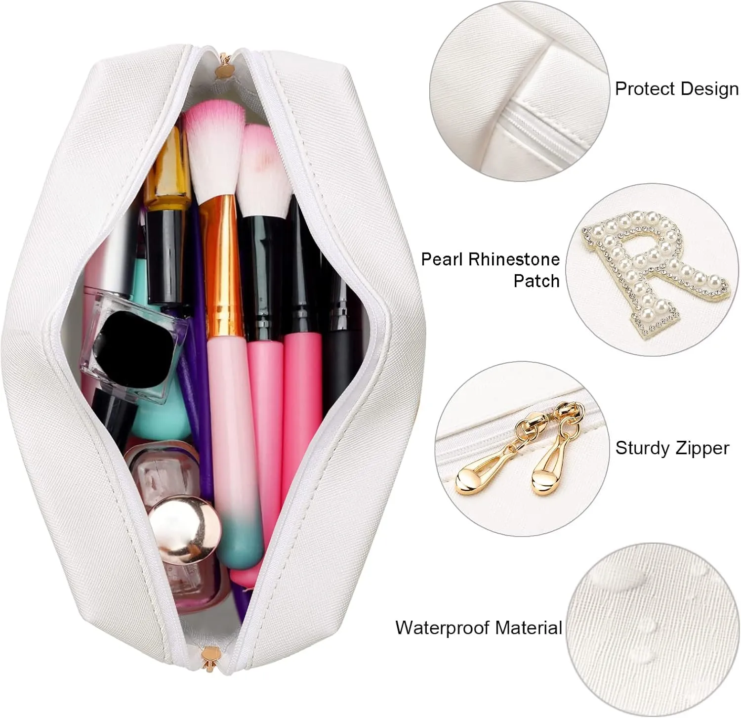2PCS Bride to be Patch Letter Makeup Bag Bridal Shower Gifts for Engagement Wedding Bachelorette Bridesmaid Gifts for Bride Mrs Pearl Rhinestone Travel Bag White PU Leather Make Up Bag Pouch for Purse