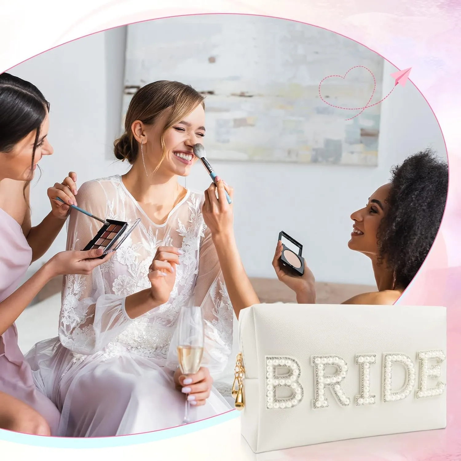 2PCS Bride to be Patch Letter Makeup Bag Bridal Shower Gifts for Engagement Wedding Bachelorette Bridesmaid Gifts for Bride Mrs Pearl Rhinestone Travel Bag White PU Leather Make Up Bag Pouch for Purse