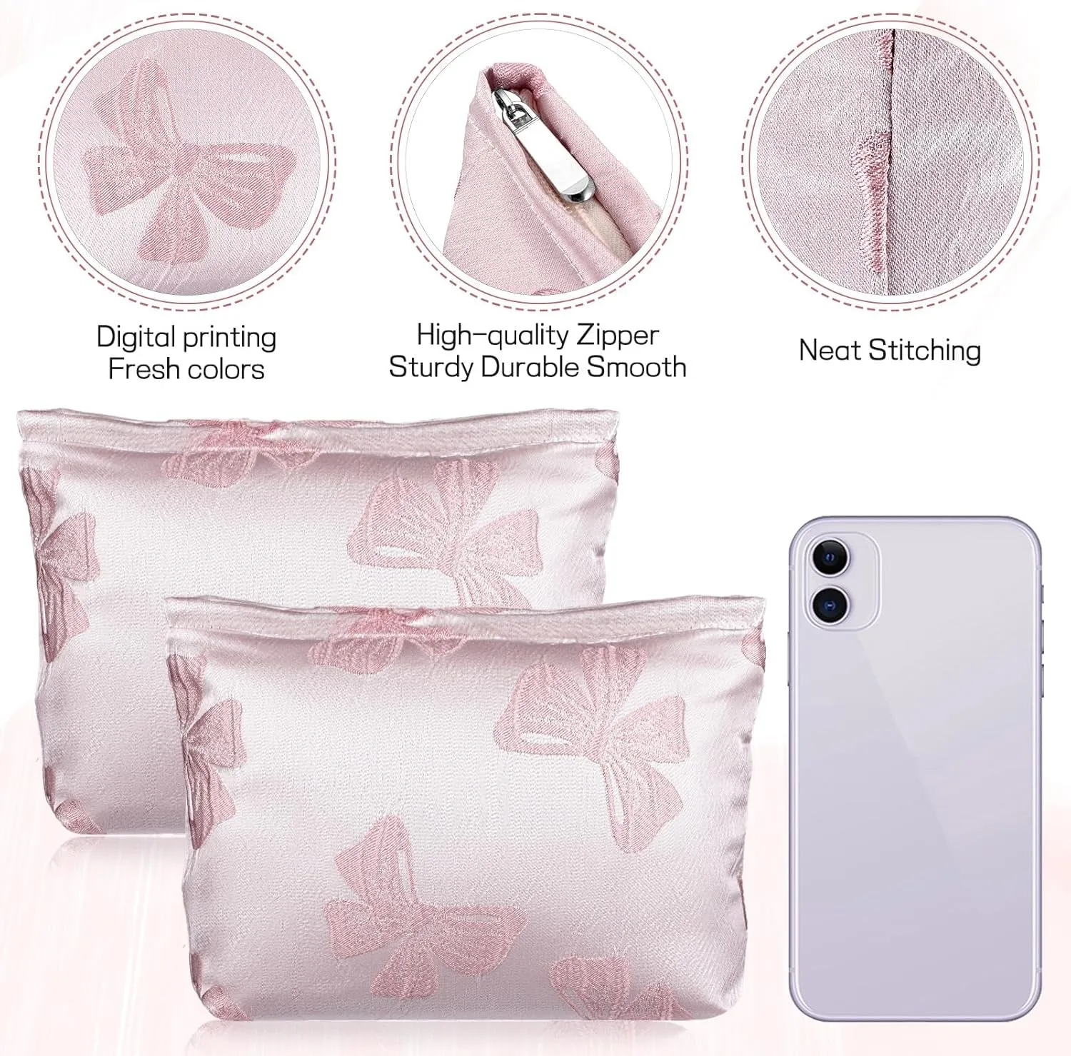 2Pcs Cute Bow Makeup Bag Large Capacity Pink Cosmetic Bag Aesthetic Design Canvas Organizer Portable Zipper Pouch Toiletry Bag for Women Girls Travel Storage Accessories