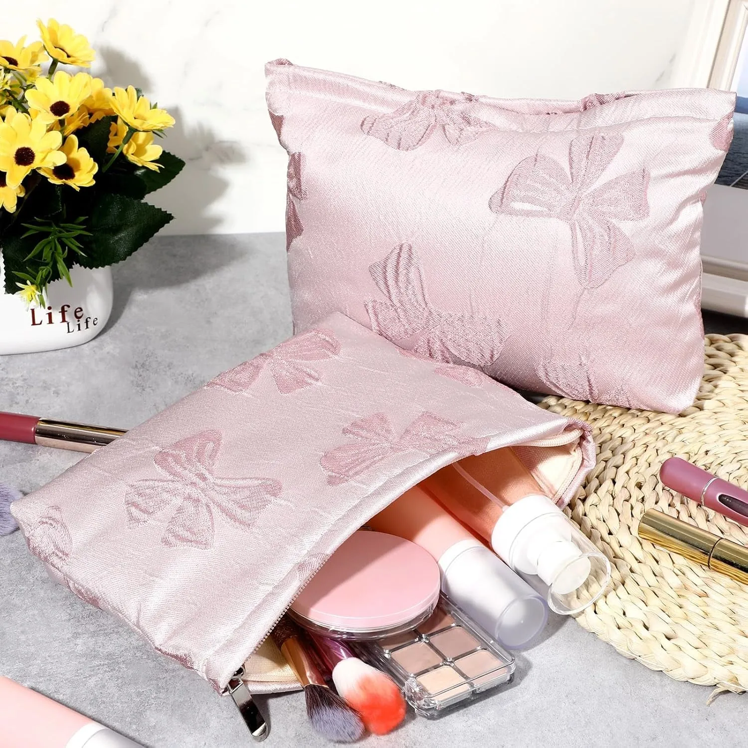2Pcs Cute Bow Makeup Bag Large Capacity Pink Cosmetic Bag Aesthetic Design Canvas Organizer Portable Zipper Pouch Toiletry Bag for Women Girls Travel Storage Accessories