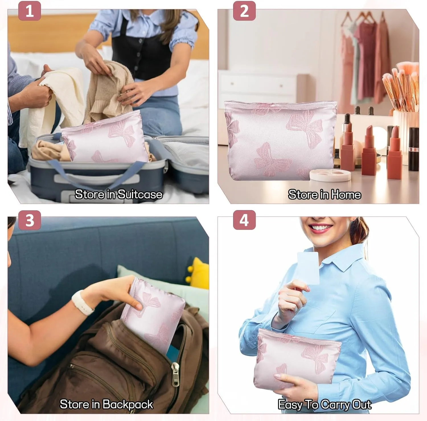 2Pcs Cute Bow Makeup Bag Large Capacity Pink Cosmetic Bag Aesthetic Design Canvas Organizer Portable Zipper Pouch Toiletry Bag for Women Girls Travel Storage Accessories