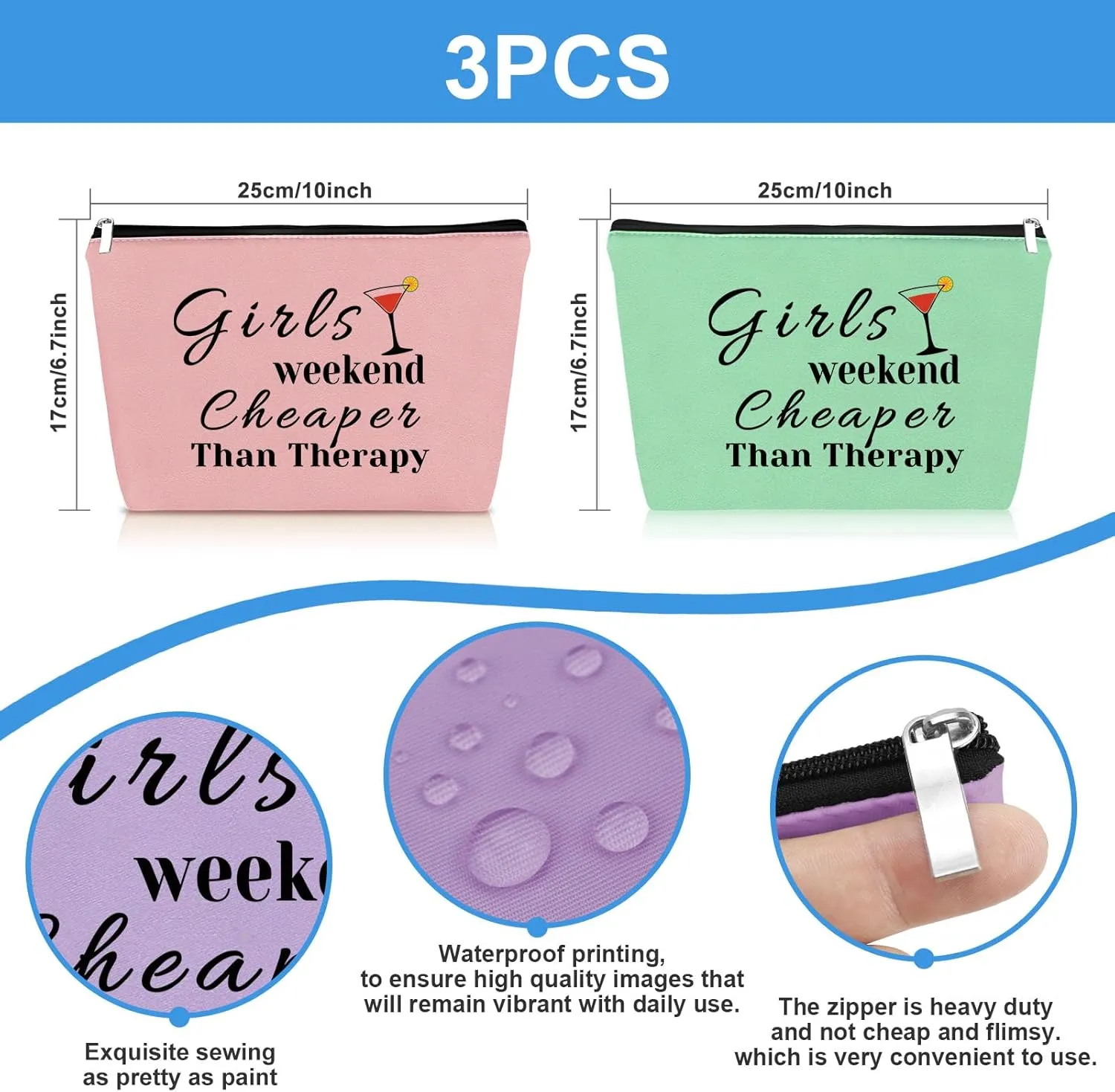 3 Pcs Girls Trip Gifts Travel Makeup Bag Girls Weekend Gift Travel Trip Present for Her Best Friends Bestie Cosmetic Bags Pouch Christmas Graduation Birthday Present for BFF Friends Sister