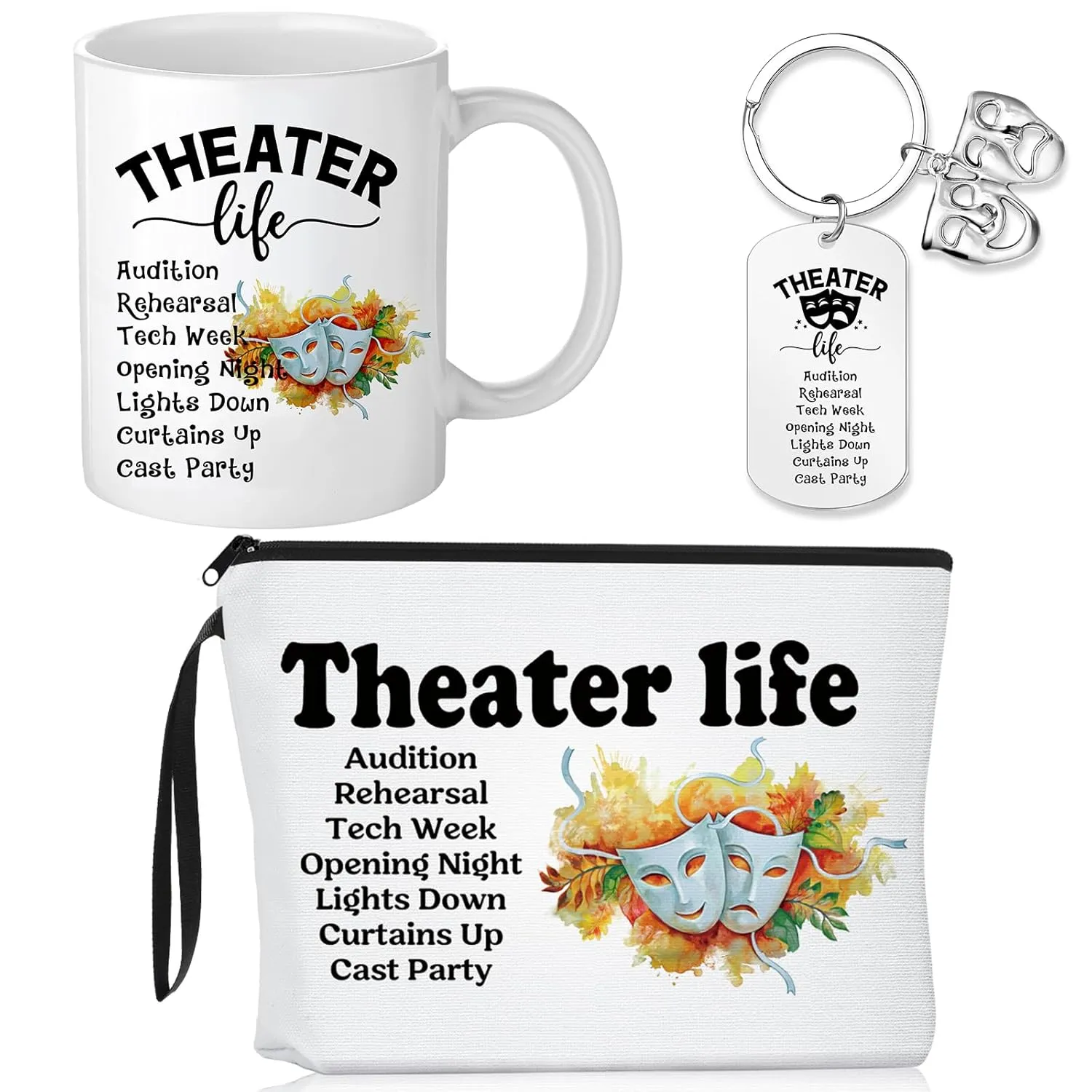 3 Pcs Musical Theater Gifts for Women Funny Theatre Lover Gifts Theatre Makeup Bag Theater Life Cosmetic Bag 11.2 oz Coffee Mug Mask Keychain for Actors Actress