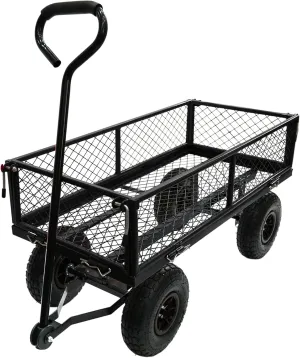 300 LBS Garden Cart, Black Heavy Duty Versatile Wagon Cart, Steel Mesh Lawn Cart with Removable Sides and 180° Rotating Smooth Handle, 10 Inch Tires, for Lumber, Soil Bags, Tools