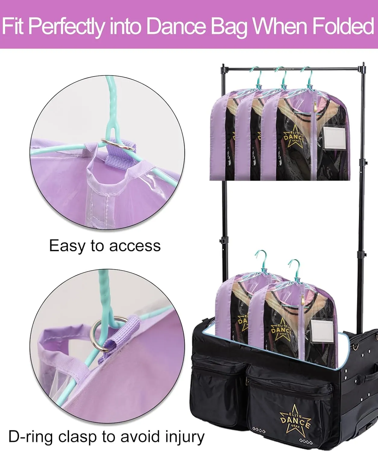 35" Costume Garment Bag with 3 Zipper Pockets for Suits Dress Cover, Travel & Competitions Protector, Dance Costumes, Girls Dress Recital Outfit Organizer, 3 Packs, Purple