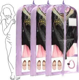 35" Costume Garment Bag with 3 Zipper Pockets for Suits Dress Cover, Travel & Competitions Protector, Dance Costumes, Girls Dress Recital Outfit Organizer, 3 Packs, Purple