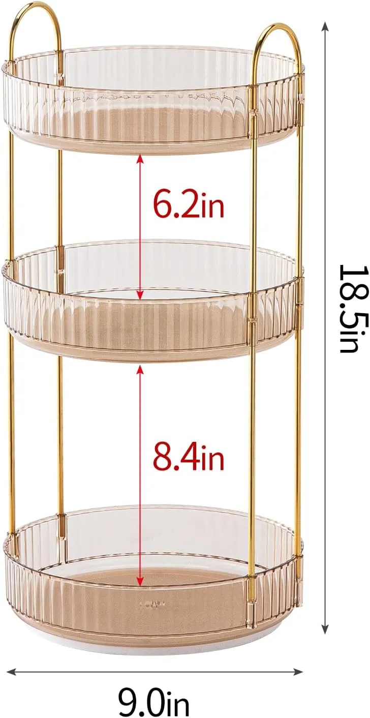 360° Rotating Makeup Organizer for Vanity - 3 Tier Perfume Organizer with Large Capacity - Skincare Organizer for Bathroom Counter - Space-Saving Cosmetic Storage for Dresser Countertop (Gold)