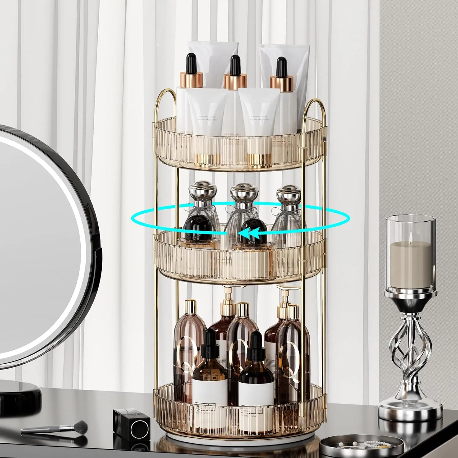 360° Rotating Makeup Organizer for Vanity - 3 Tier Perfume Organizer with Large Capacity - Skincare Organizer for Bathroom Counter - Space-Saving Cosmetic Storage for Dresser Countertop (Gold)