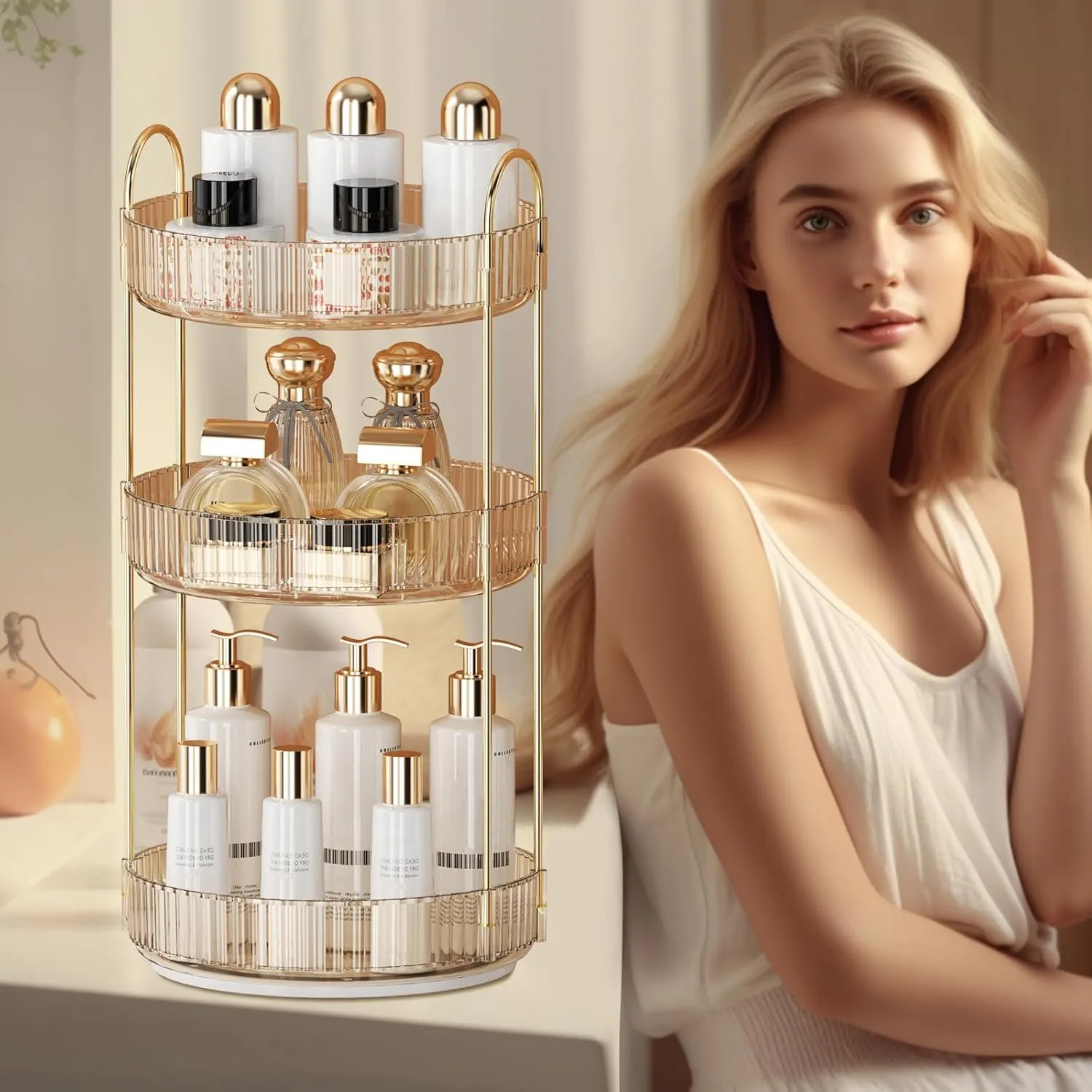 360° Rotating Makeup Organizer for Vanity - 3 Tier Perfume Organizer with Large Capacity - Skincare Organizer for Bathroom Counter - Space-Saving Cosmetic Storage for Dresser Countertop (Gold)