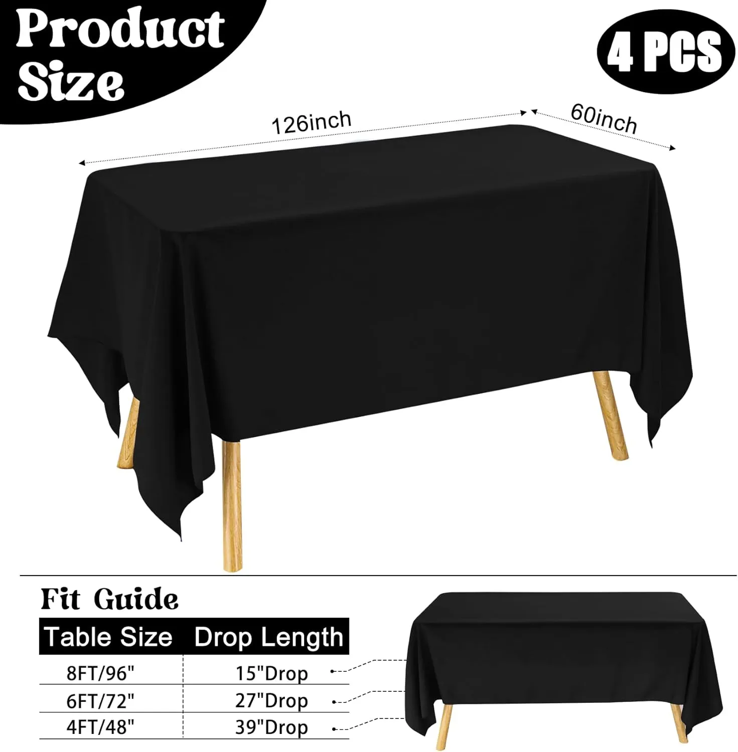4 Pack Rectangle Tablecloth 60x126 Inch Black Washable Polyester Table Cover for Wedding Dining Table Buffet Parties Banquet Decoration（Black）