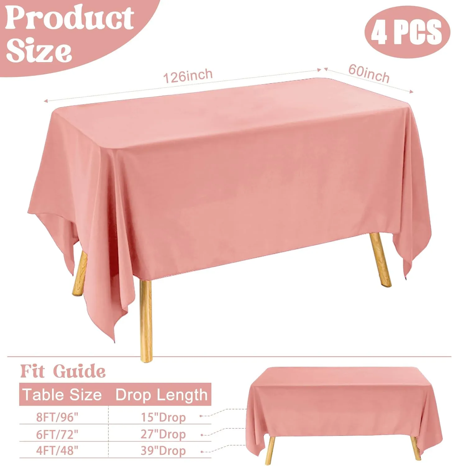 4 Pack Rectangle Tablecloth for 8 Foot Tables Washable Polyester Table Cover for Wedding Dining Table Parties Banquet（60x126 Dusty Rose）