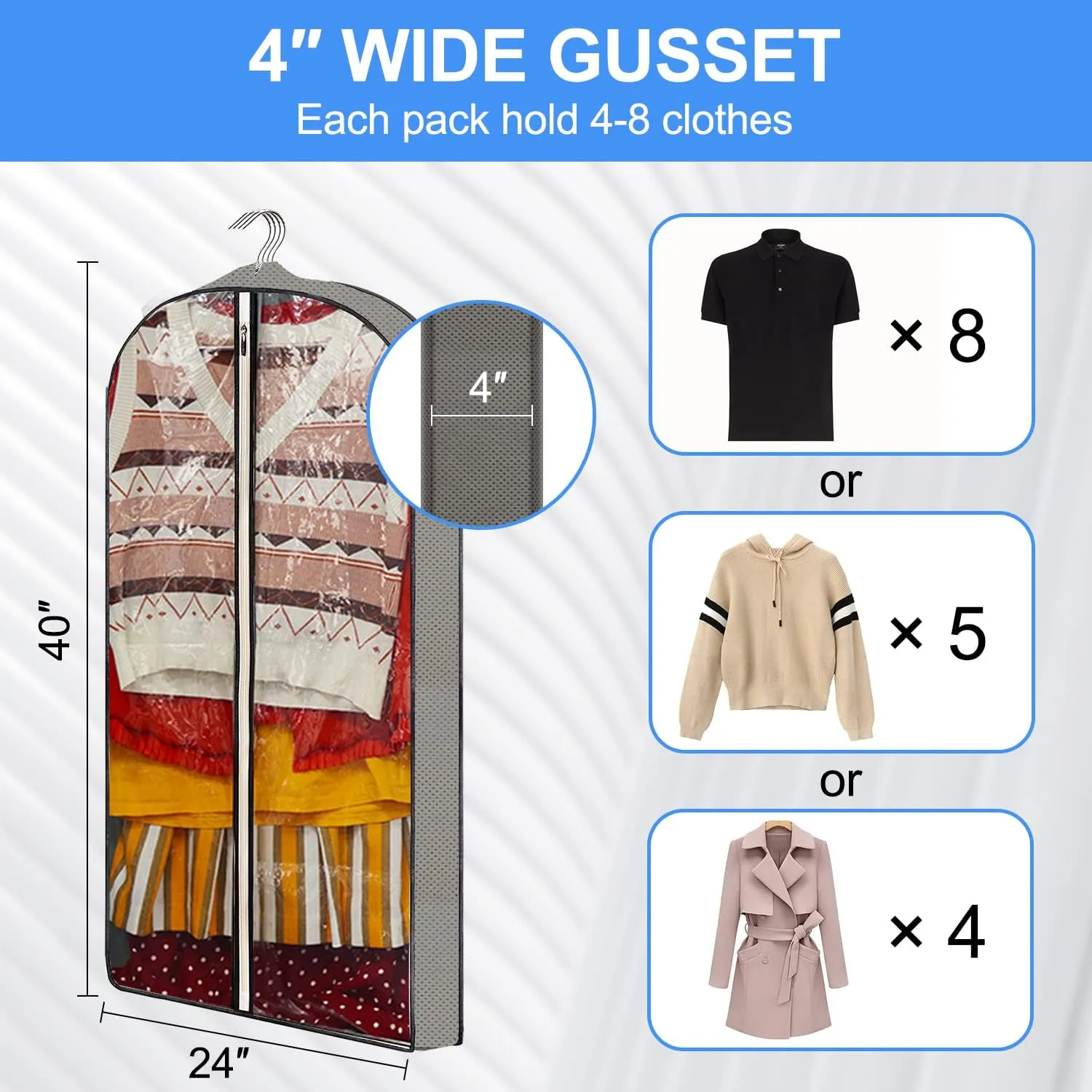 40" Garment Bags, Clear Suits Covers with 4" Gussetes for Hanging Clothes Closet Storage Travel, Plastic Protector for Coat, Jacket, Sweater, Shirts, 3 Packs