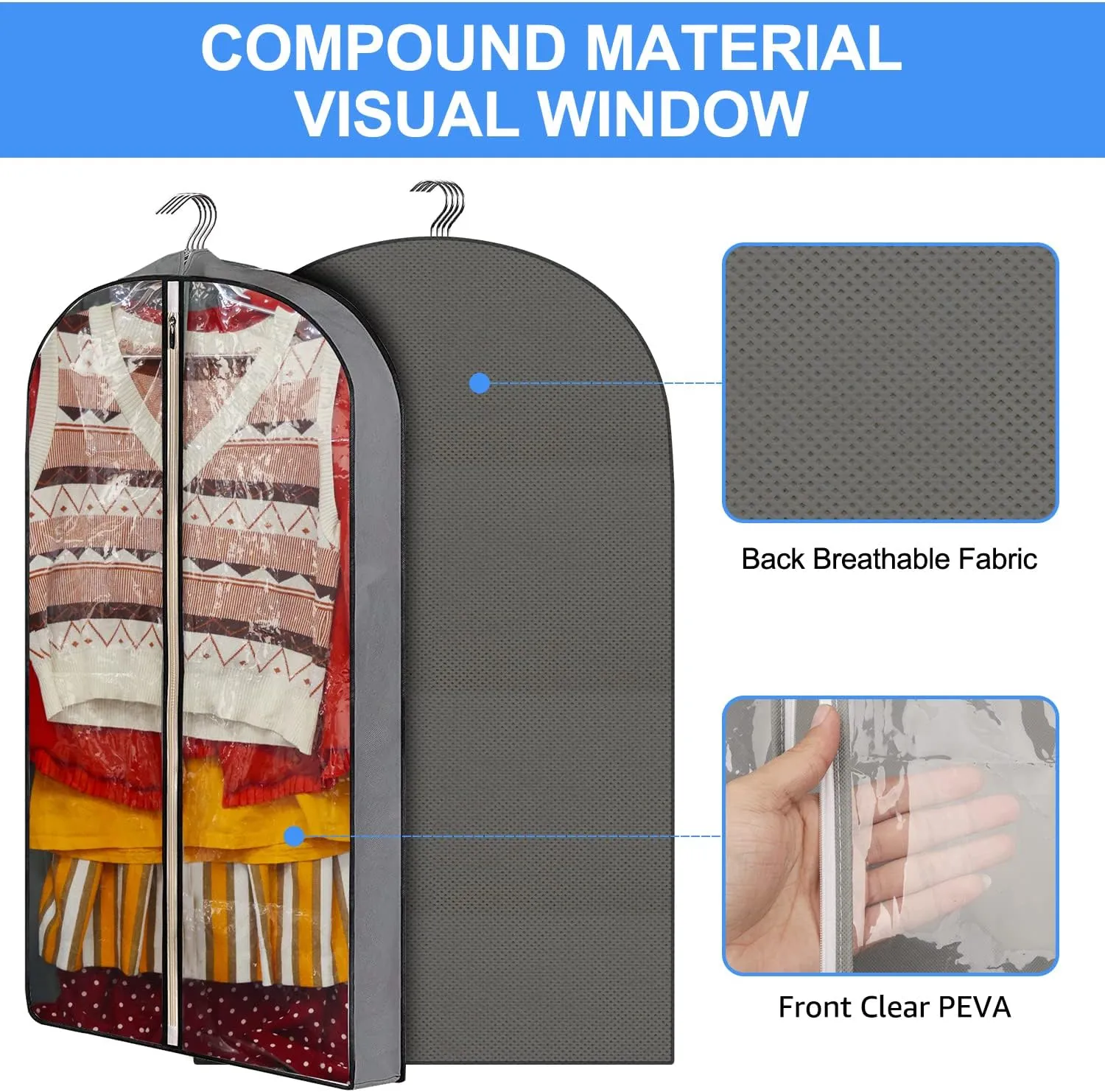 40" Garment Bags, Clear Suits Covers with 4" Gussetes for Hanging Clothes Closet Storage Travel, Plastic Protector for Coat, Jacket, Sweater, Shirts, 3 Packs