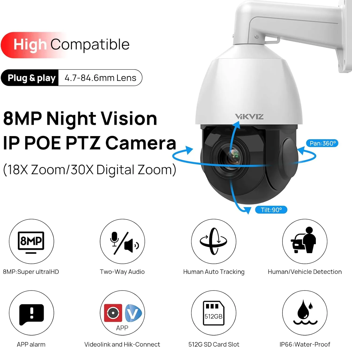 4K 8MP PTZ POE IP Camera Outdoor,18X Optical Zoom,Human Auto Tracking,Human/Vehicle Detection,Two-Way Talk,328ft IR Night Vision,PTZ Security Camera with SD slot up to 512GB,Compatible for Hik vision