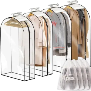 4PCS 40" Clear Garment Bags for Hanging Clothes Storage 10" Gusseted garment covers for Storage Suit Fur Coat Jackets Shirts Dresses with 4pcs Shoe Storage Bags(40 inch)