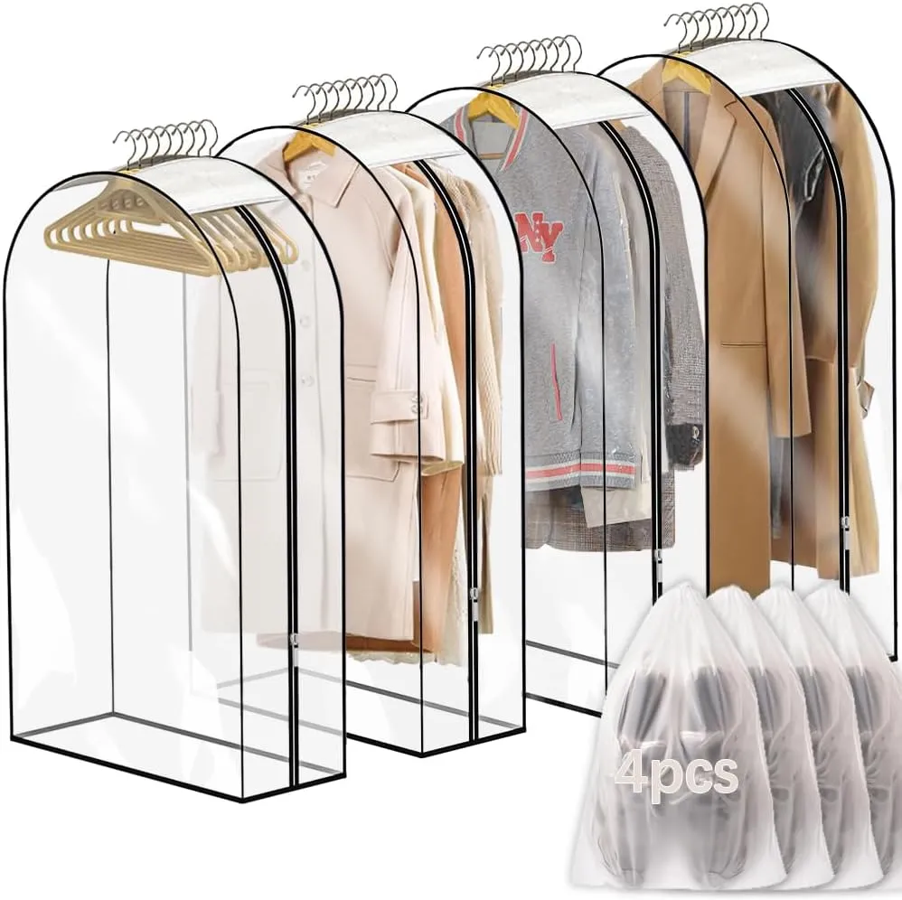 4PCS 40" Clear Garment Bags for Hanging Clothes Storage 10" Gusseted garment covers for Storage Suit Fur Coat Jackets Shirts Dresses with 4pcs Shoe Storage Bags(40 inch)