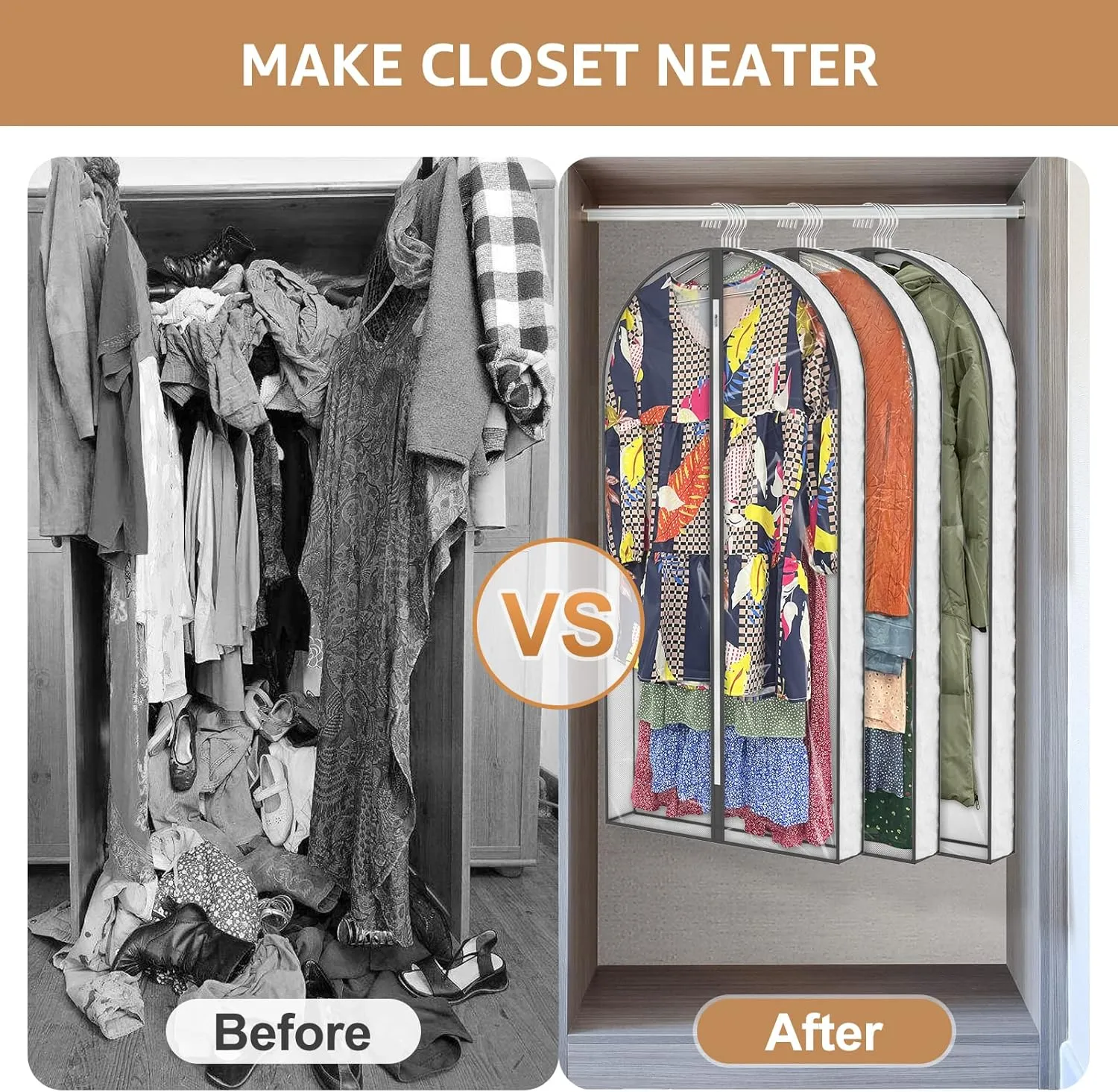 50" Garment Bags, Clear Plastic Clothes Covers with 4" Gussetes for Hanging Clothes Closet Storage, Breathable Protector for Coat, Jacket, Sweater, Shirts, Suits, Dress, 3 Packs