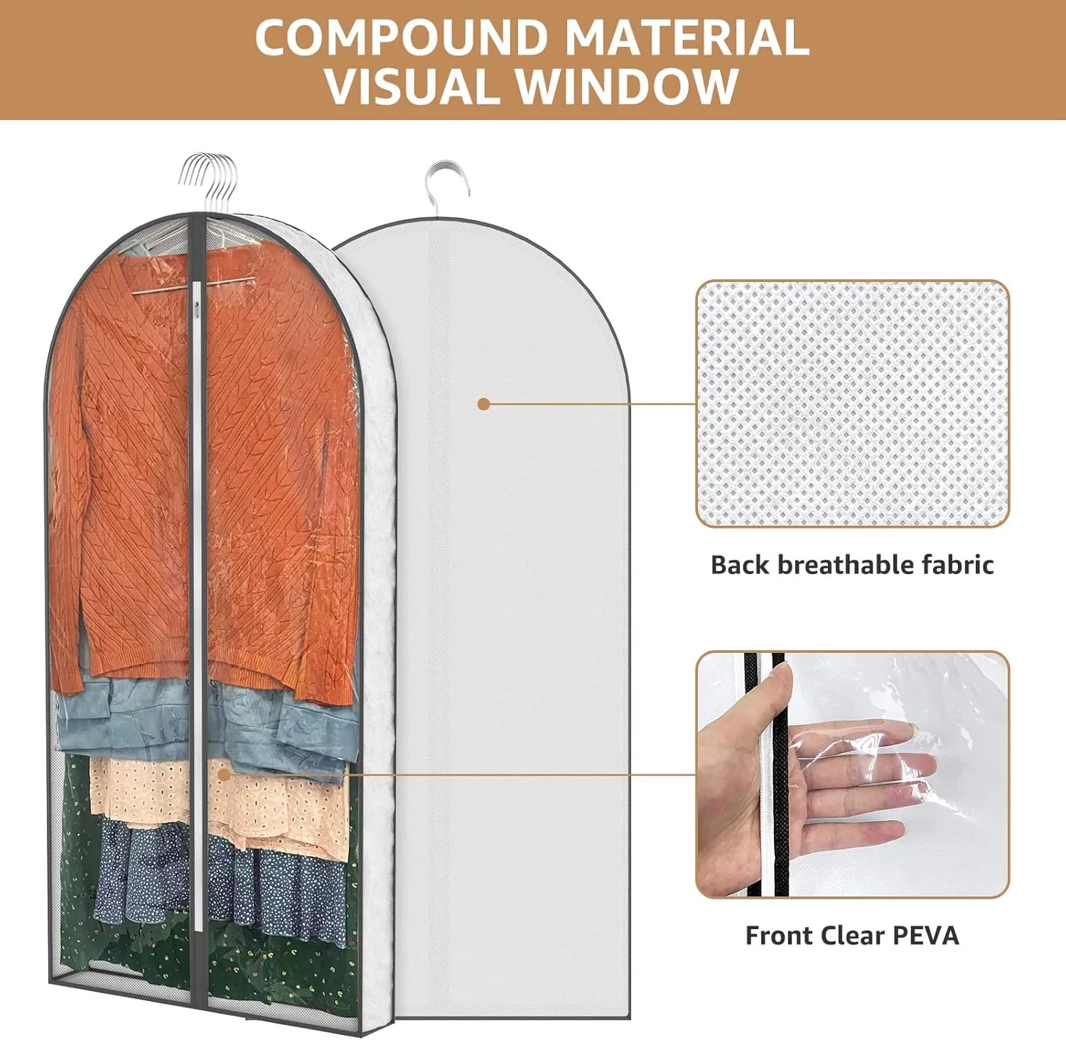 50" Garment Bags, Clear Plastic Clothes Covers with 4" Gussetes for Hanging Clothes Closet Storage, Breathable Protector for Coat, Jacket, Sweater, Shirts, Suits, Dress, 3 Packs