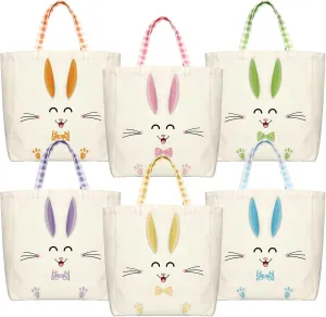 6 Pcs Easter Canvas Tote Bags Bunny Gift Bags with Handles Reusable Cute Rabbit Treat Basket for Easter Egg Hunt Party Favors