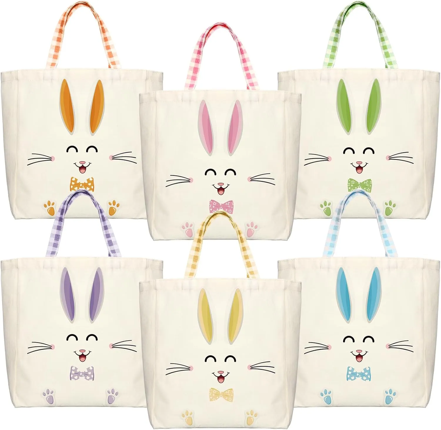 6 Pcs Easter Canvas Tote Bags Bunny Gift Bags with Handles Reusable Cute Rabbit Treat Basket for Easter Egg Hunt Party Favors